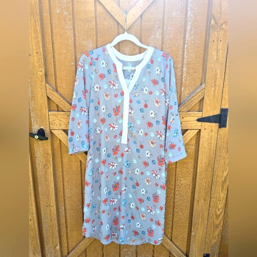DownEast Retro Mod Floral Gray & Cream Midi Dress Size Medium